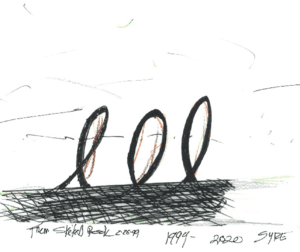 A black sketch on white paper of three continuous loops that look like cursive letter e's on a cross-hatched ground.