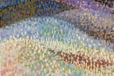 An abstract, pastel-based work of art with soft shades of blue and cloudy textures.