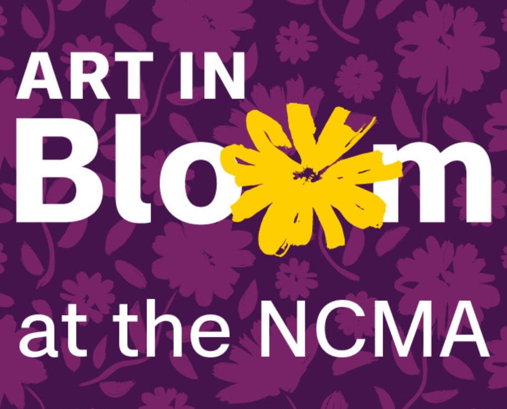 Digital graphic designed with purple floral pattern that reads, "Art in Bloom at the NCMA."
