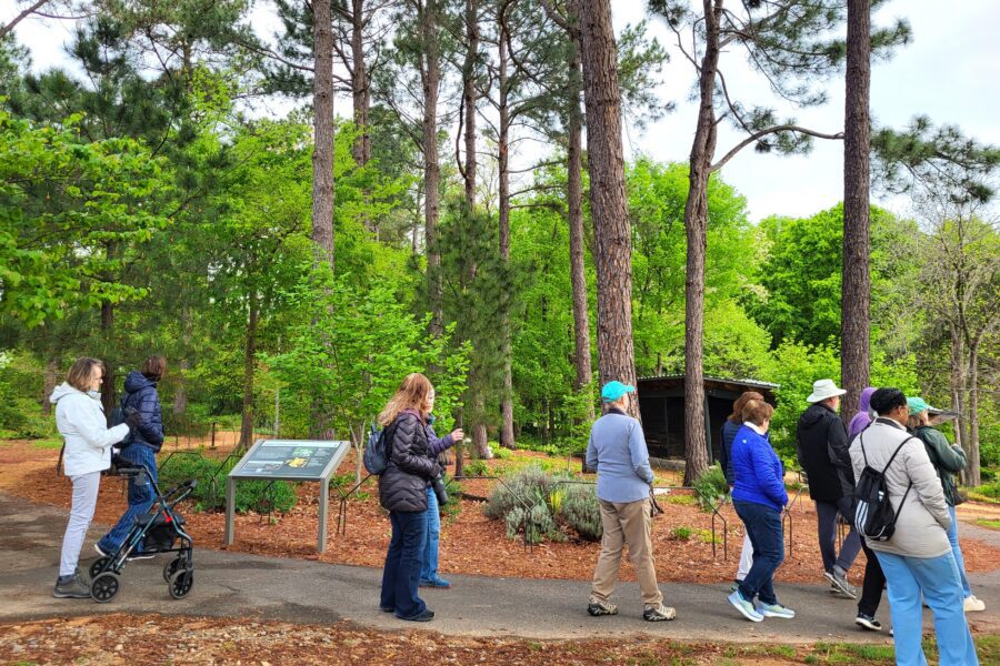 A group of people dressed in coats walk on a paved path surrounded by trees and flowering plants.