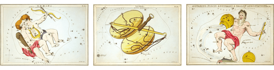Color illustrations of the three air sign zodiac constellations.