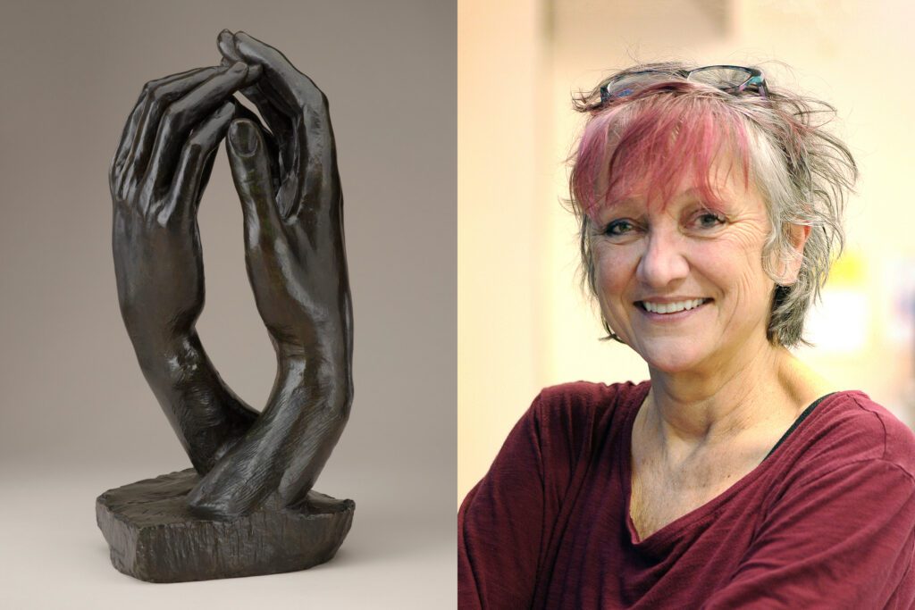A collage of two photos: a sculpture of two right hands with fingertips touching and a bust-length portrait of a woman.
