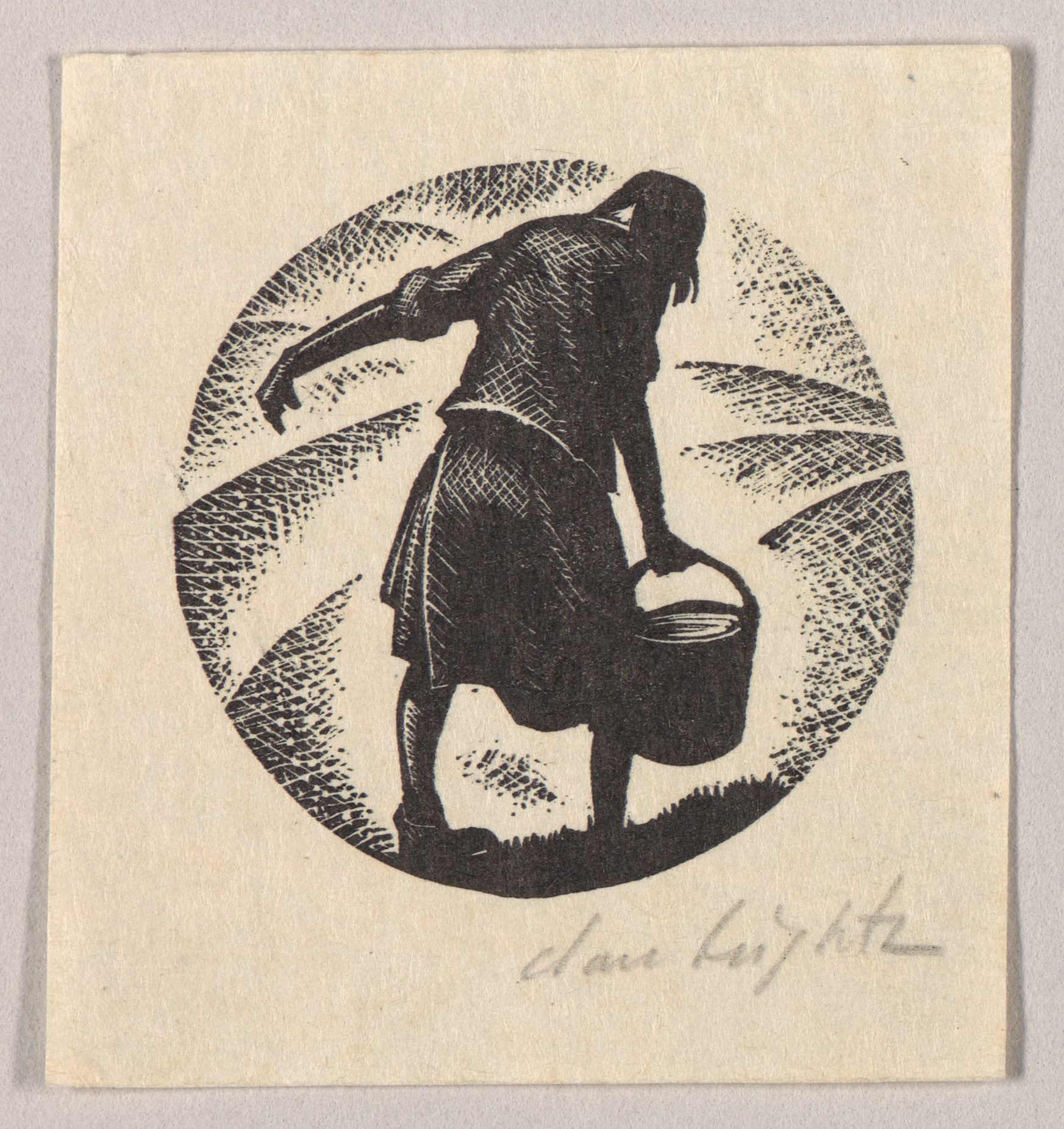 A wood engraving print of a figure, enclosed in a circle motif, carrying a full bucket. 
