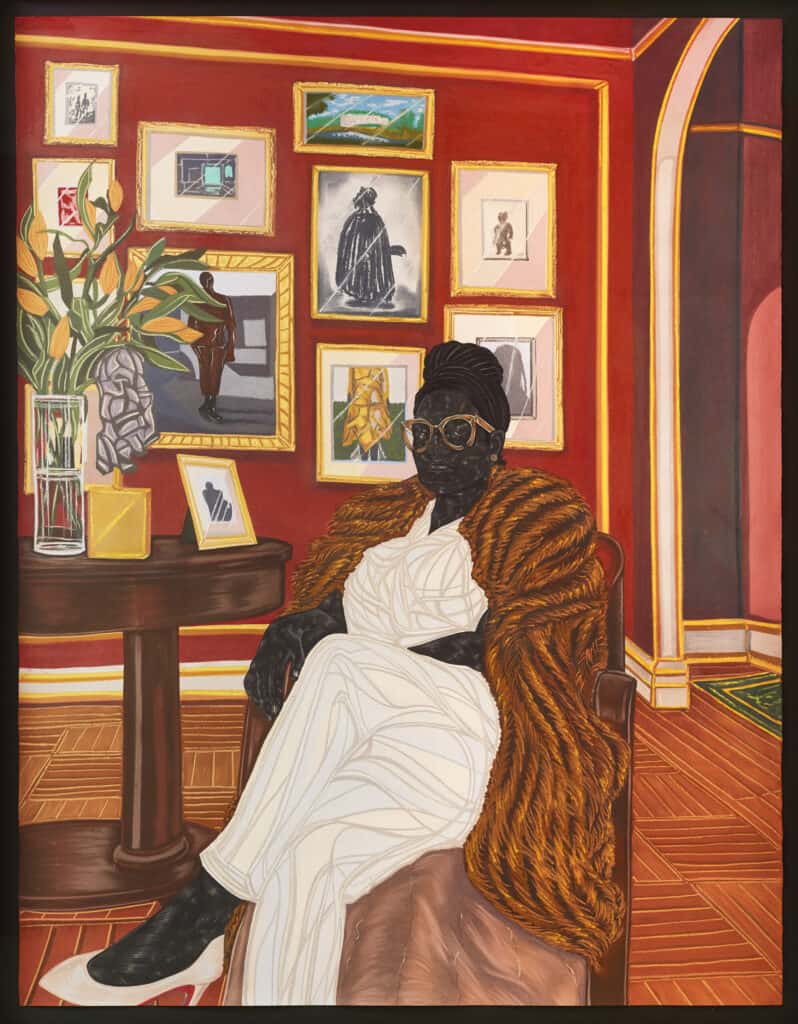 Mixed-media drawing of a dark-skinned woman seated in a chair, wearing a white dress, fur coat, and glasses, in a red room with framed pictures and wooden floors.