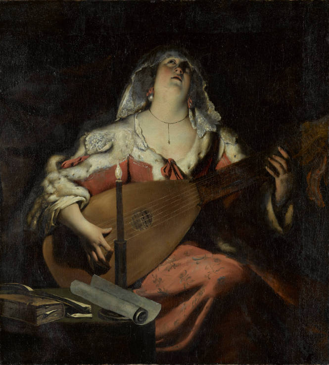 A painting of a woman who looks upward and plays a stringed instrument. She is lit by a single candle on a table in front of her.