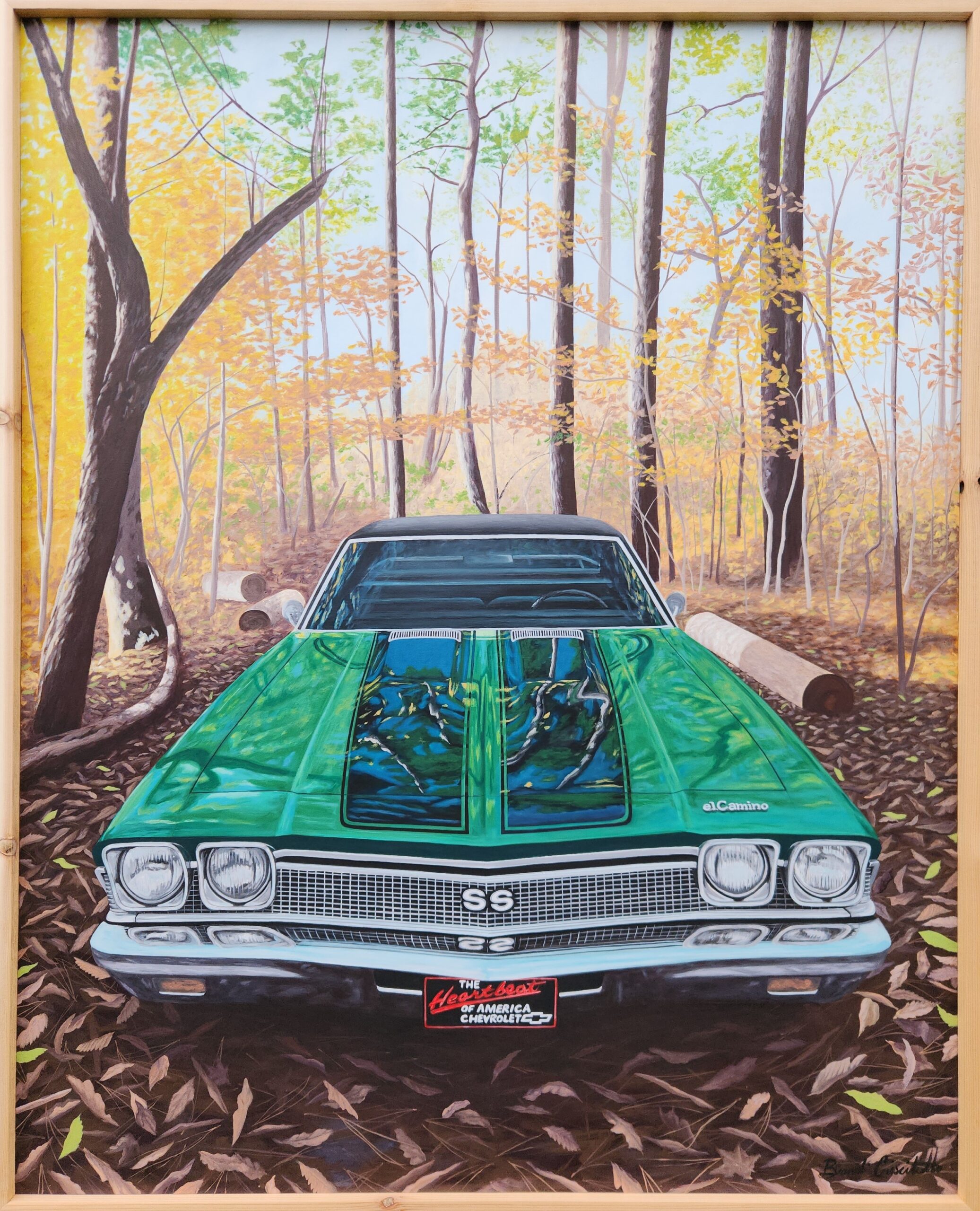 A painting of a classic green car from the 1960s parked in a wooded landscape with fall leaves.