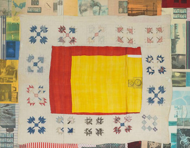 A mixed-media work with yellow and red fabric in the center on top of a quilt, which is bordered by photos transferred onto fabric.