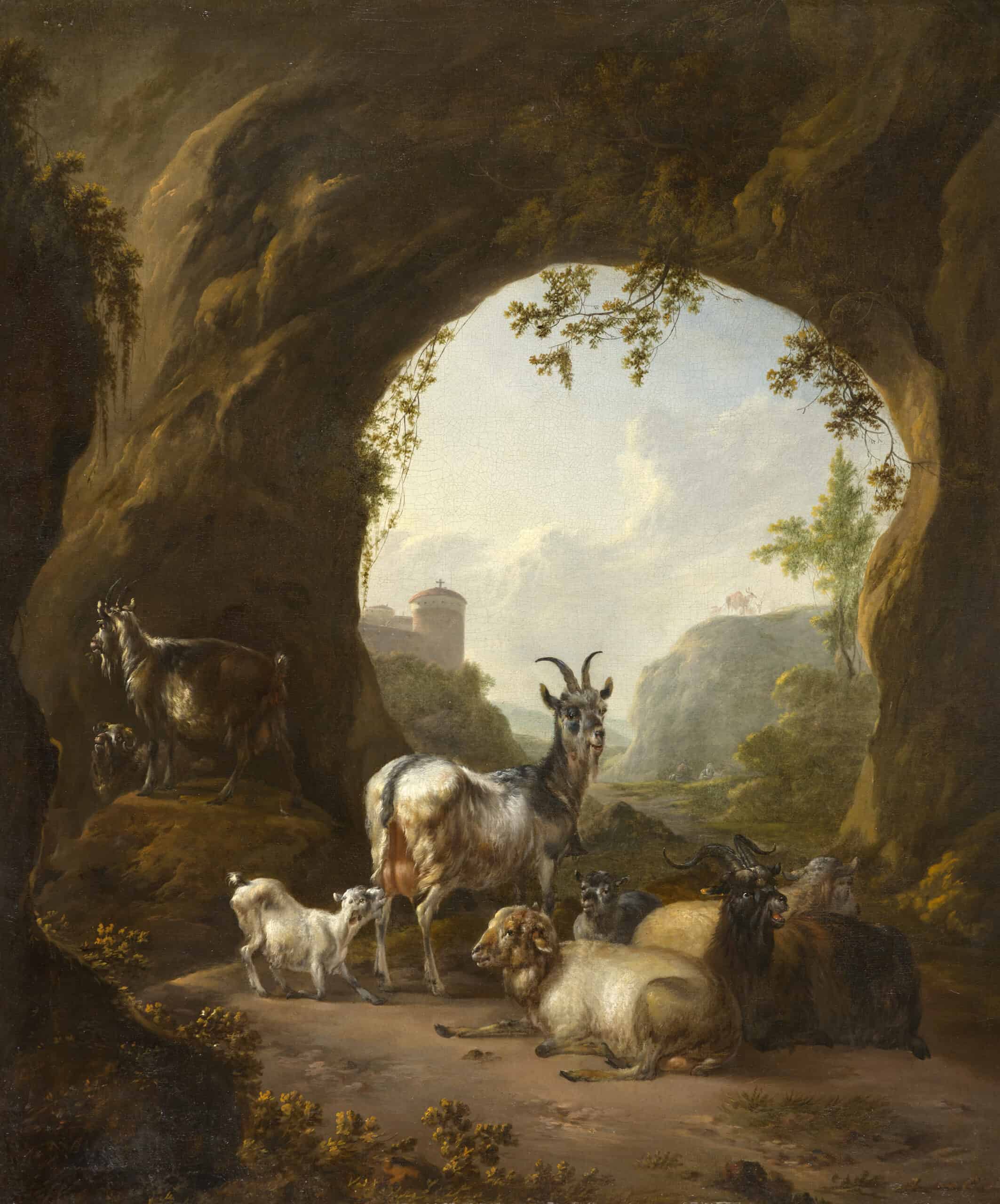 A painting of a group of goats in an Italian countryside grotto. 
