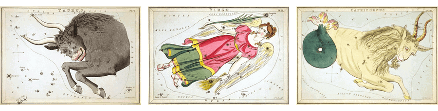 Color illustrations of the three earth sign zodiac constellations.