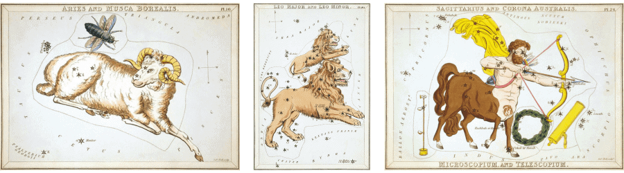 Color illustrations of the three fire sign zodiac constellations.