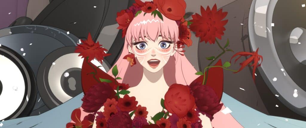 Anime character with flowing pink hair, face paint, and a dress made of various red flowers. 