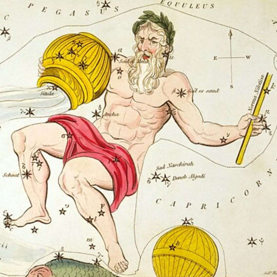 An illustration of the Aquarius constellation of the zodiac, overlaid with a color drawing of a gray-bearded man pouring water out of a vessel.