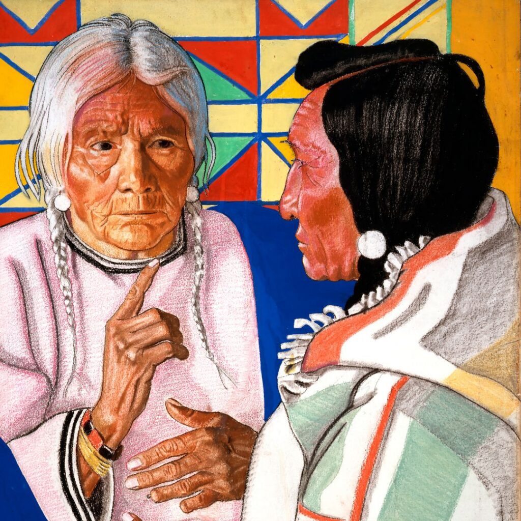 A drawing of two American Indian figures shown from the waist up gesturing toward one another with their hands.