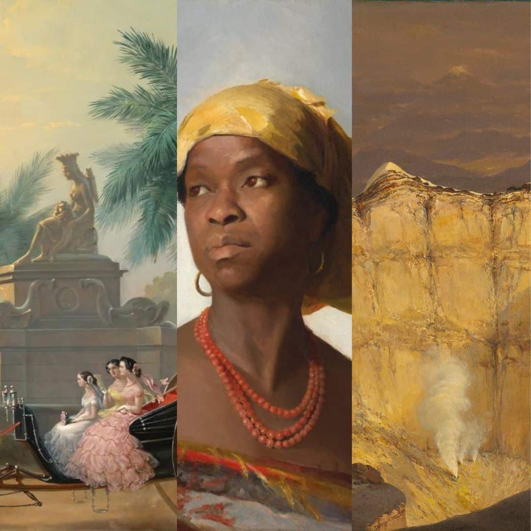 Three paintings spliced together into a square collage.