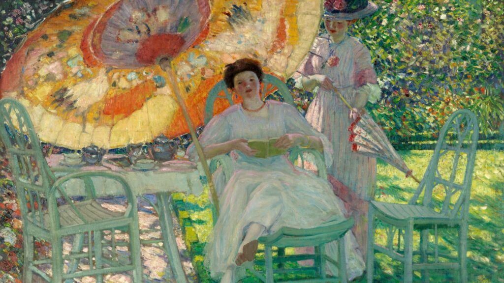 A painting of two women in a garden, one sits in a chair under a large orange and yellow umbrella, the other stands next to her with a parasol.