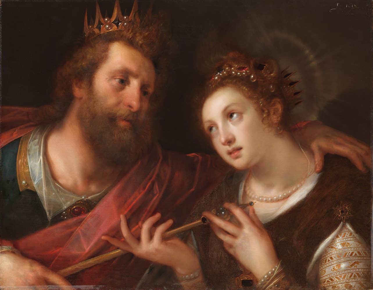 A painting of two crowned figures in ornate attire. The figure on the left has their arm around the figure on the right.