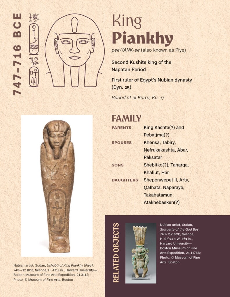 Page of a booklet with an illustration of a Nubian king, photos of artifacts and archaeological sites, and related text.