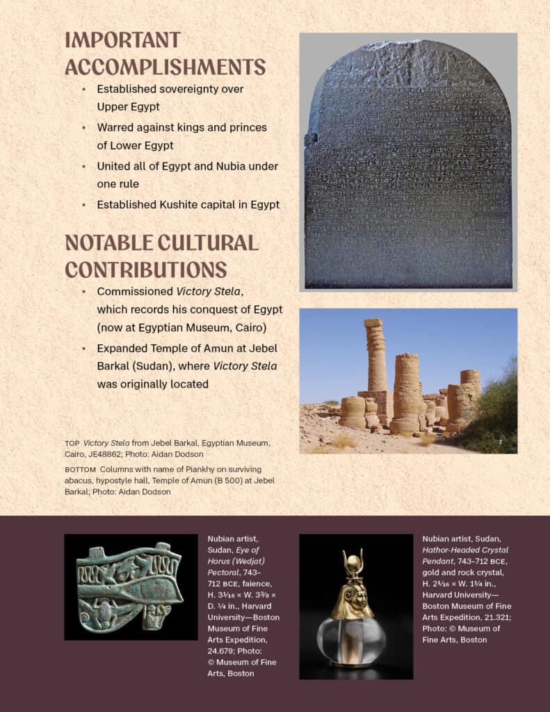 Page of a booklet with an illustration of a Nubian king, photos of artifacts and archaeological sites, and related text.