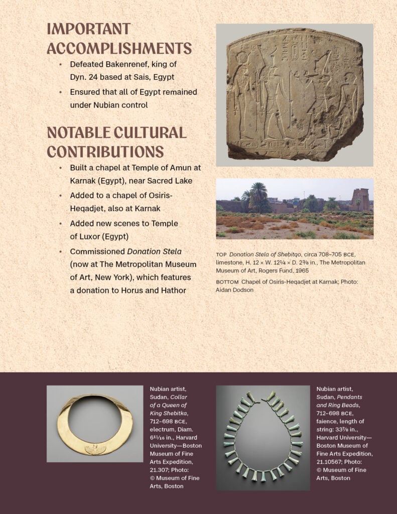 Page of a booklet with an illustration of a Nubian king, photos of artifacts and archaeological sites, and related text.