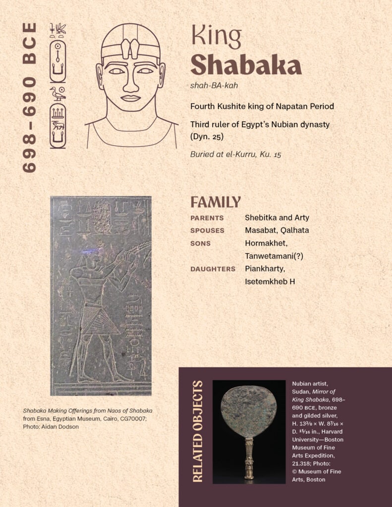 Page of a booklet with an illustration of a Nubian king, photos of artifacts and archaeological sites, and related text.