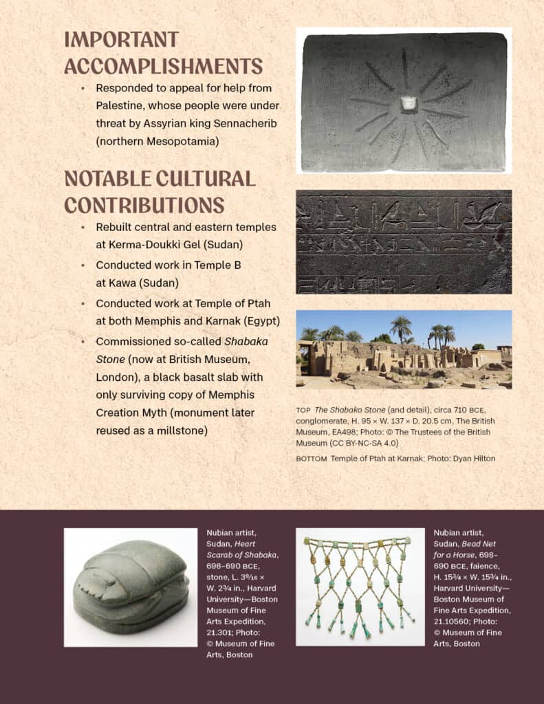 Page of a booklet with an illustration of a Nubian king, photos of artifacts and archaeological sites, and related text.