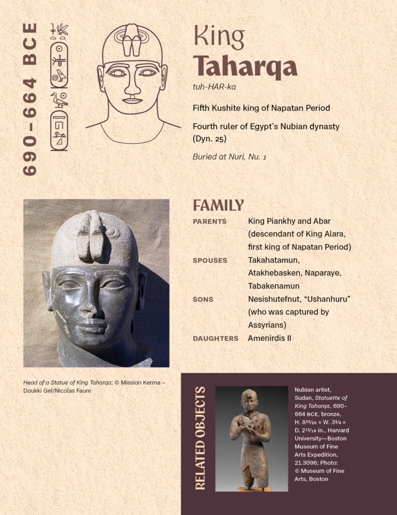 Page of a booklet with an illustration of a Nubian king, photos of artifacts and archaeological sites, and related text.