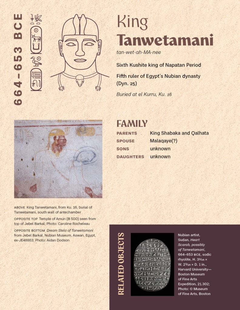 Page of a booklet with an illustration of a Nubian king, photos of artifacts and archaeological sites, and related text.