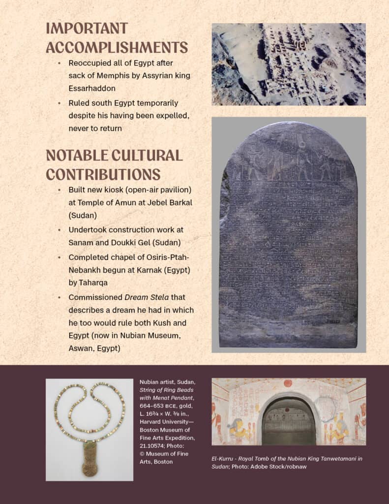 Page of a booklet with an illustration of a Nubian king, photos of artifacts and archaeological sites, and related text.