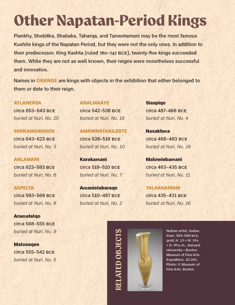 Page of a booklet with an illustration of a Nubian king, photos of artifacts and archaeological sites, and related text.