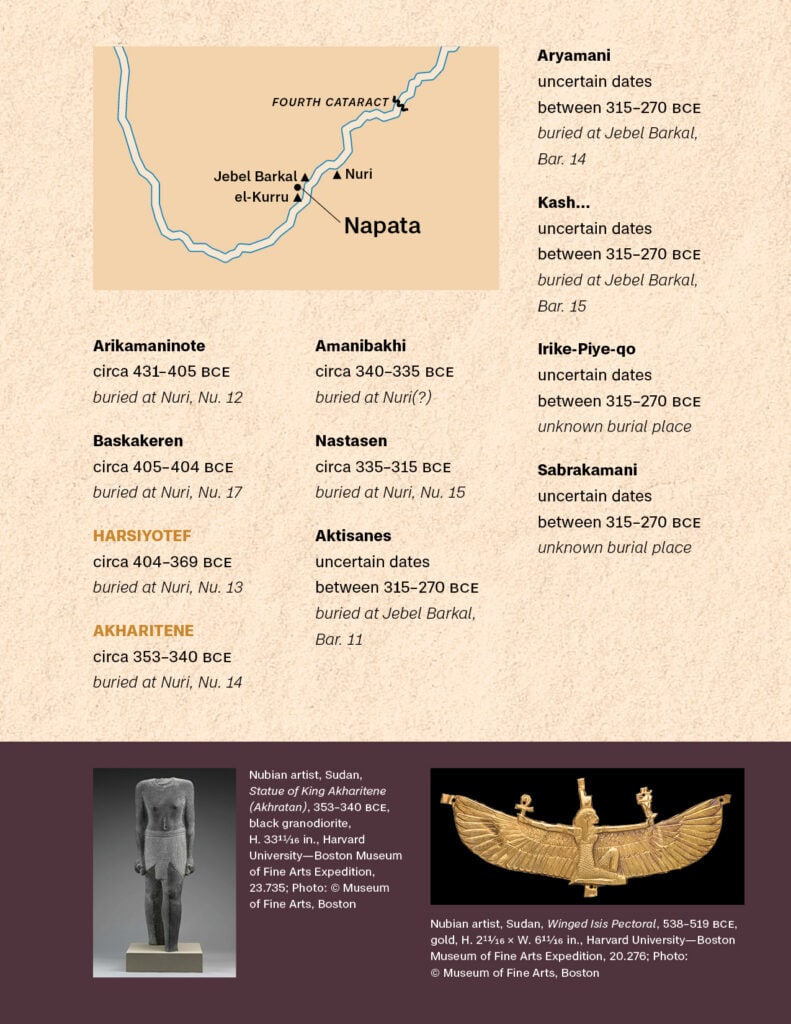 Page of a booklet with an illustration of a Nubian king, photos of artifacts and archaeological sites, and related text.