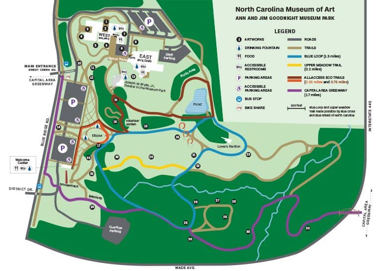 A map of a North Carolina Museum of Art campus, detailing park trails, buildings, and environmental features. 