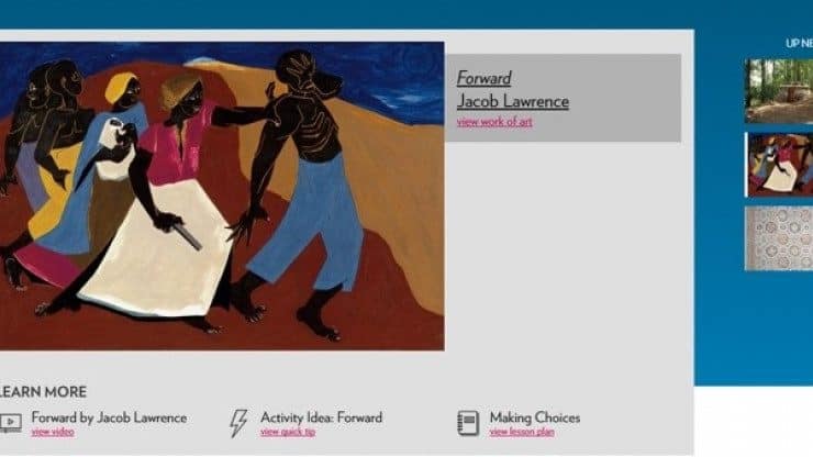 A screenshot of a webpage featuring information and activities related to an illustrative work of art. 