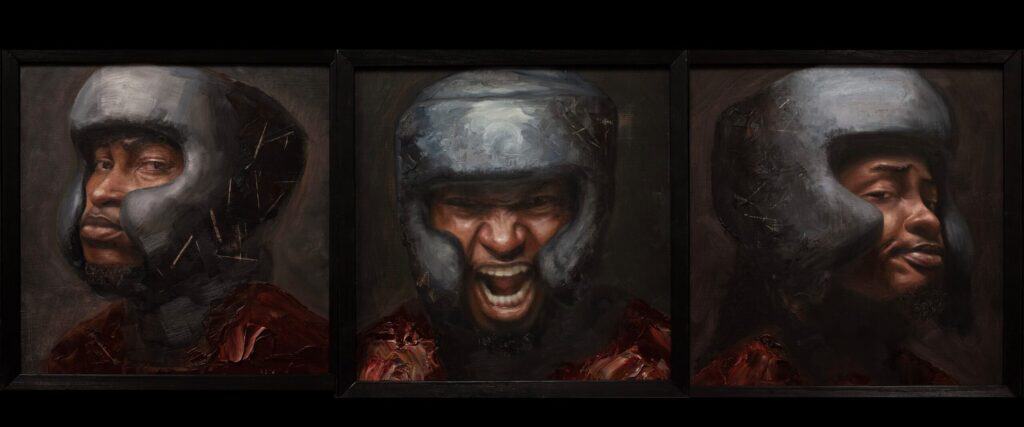 A painted triptych of three bust-length portraits of the same man in boxing headgear making different facial expressions.