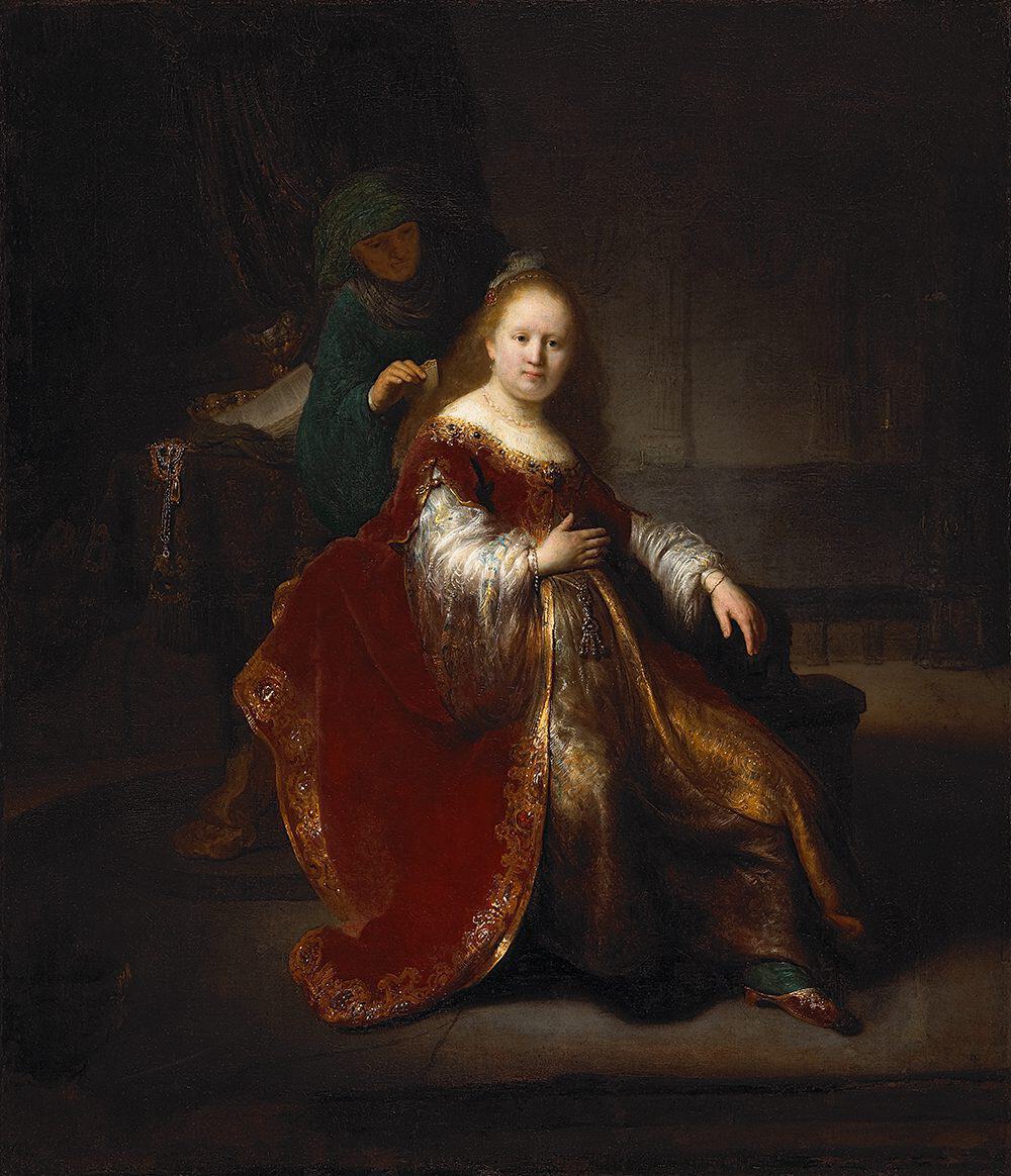 Seated figure in red and gold robes, assisted by a shadowed figure in a dimly lit interior.