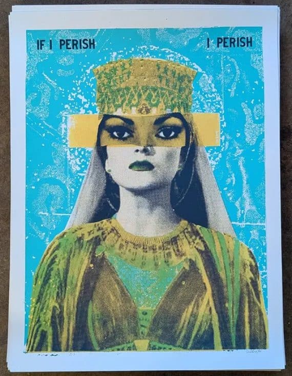 Print of a stylized crowned figure with bold makeup and yellow eye bars, set against a patterned blue backdrop.