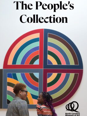 A book cover for "The People's Collection," published by the North Carolina Museum of Art. A woman and a young girl look into each other's eyes in front of a colorful, circular work of abstract art. 