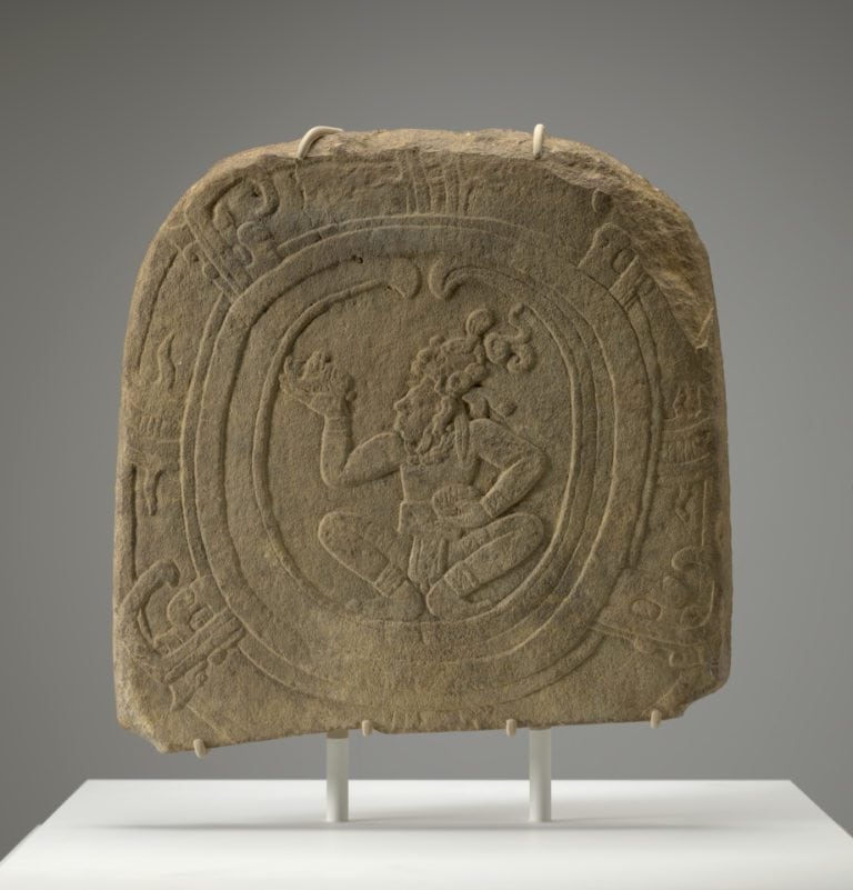 A carved stone marker used in an ancient Maya ballgame.