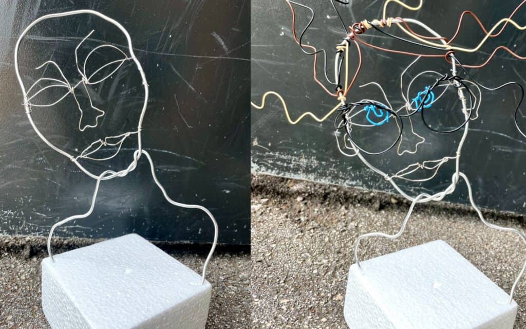 Composite photo of two faces sculpted out of colorful wire that is stuck into a Styrofoam block.