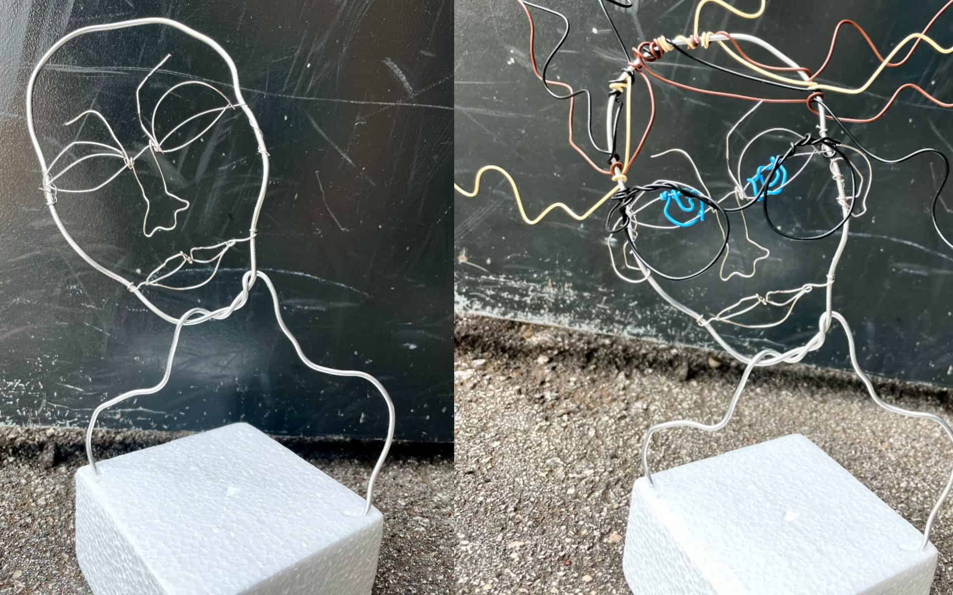 Composite photo of two faces sculpted out of colorful wire that is stuck into a Styrofoam block.