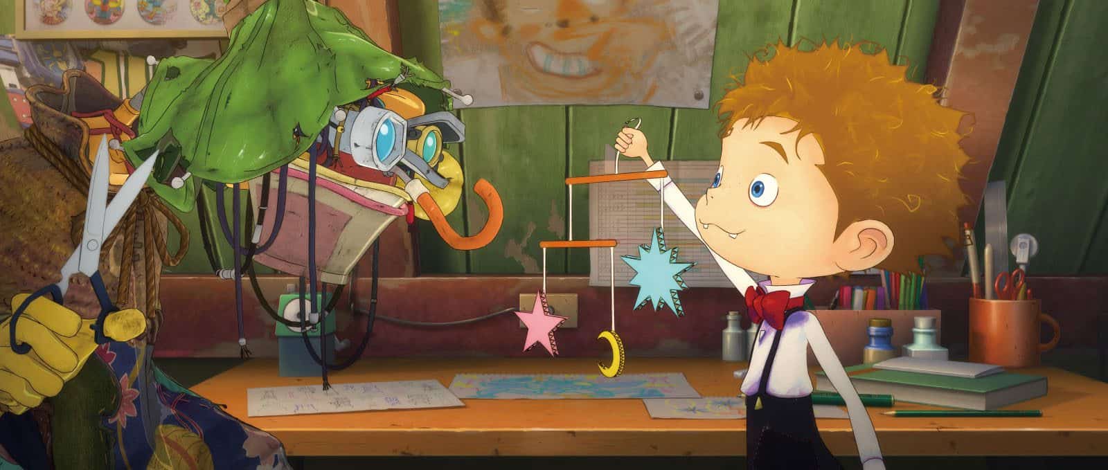 An animation still of a boy holding up a mobile of stars and a moon to a creature made of household supplies holding scissors.