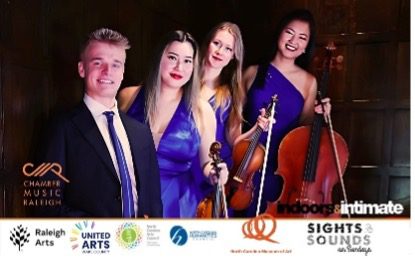 A man and three women who hold stringed instruments look out at the viewer. Text advertising the music series appears at the bottom.