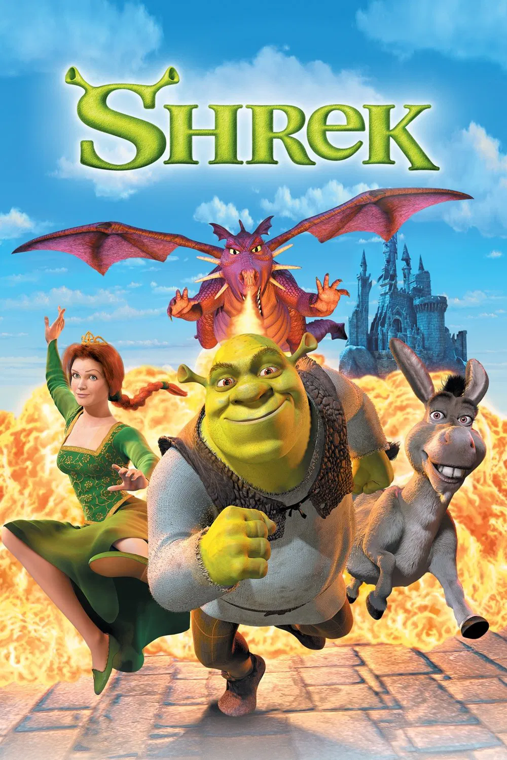 A movie poster illustration featuring an ogre, princess, and donkey running from a fire-breathing dragon.