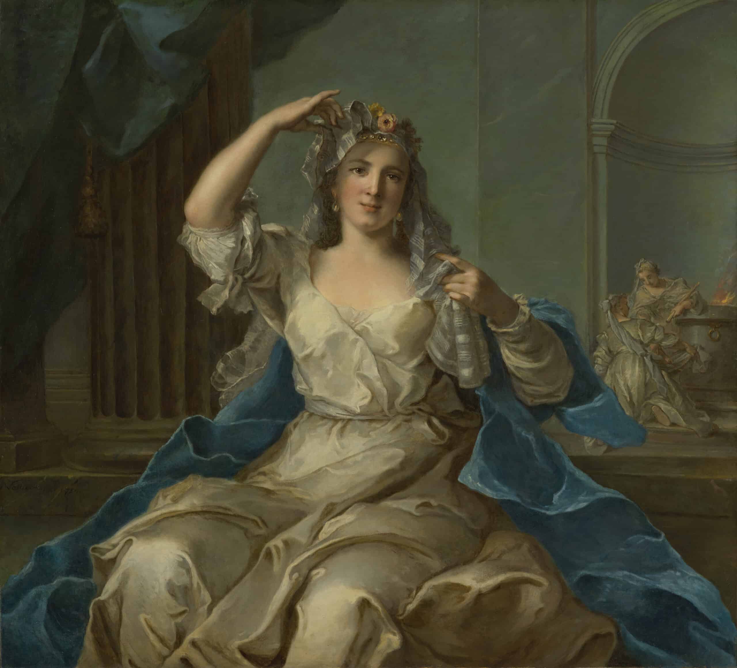 A painted portrait of a woman wearing a white gown in a classical setting. 