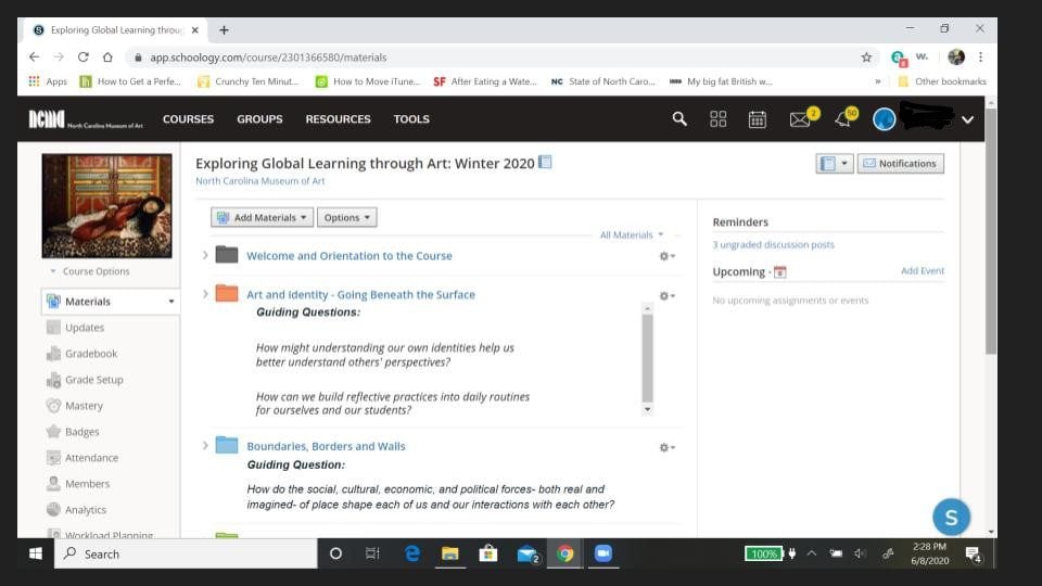 A desktop screenshot of a webpage entitled, "Exploring Global Learning through Art: Winter 2020." The page includes guiding questions paired with a painting. 