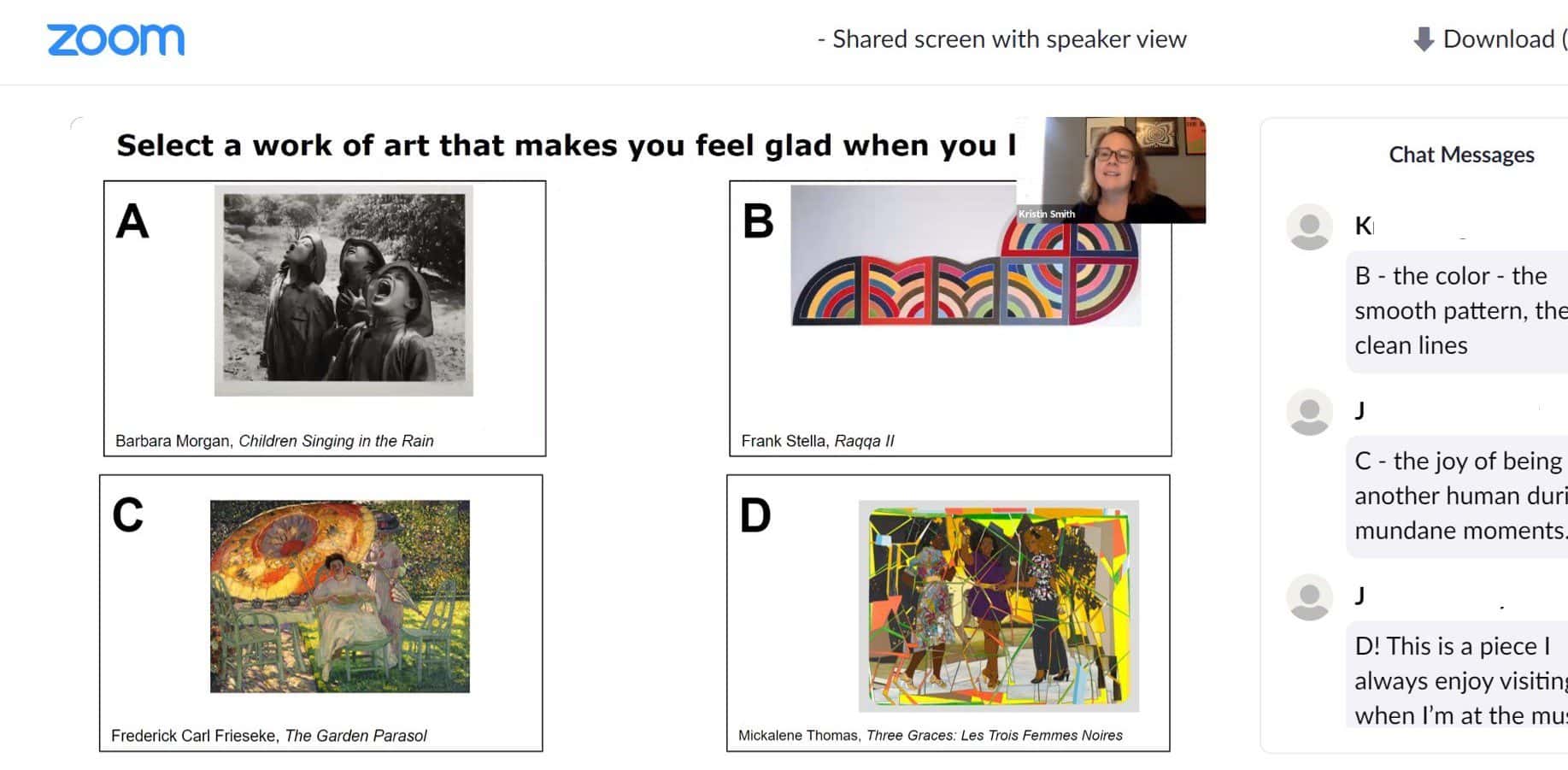 A person presents a slide via Zoom that prompts participants to react to various works of art. 