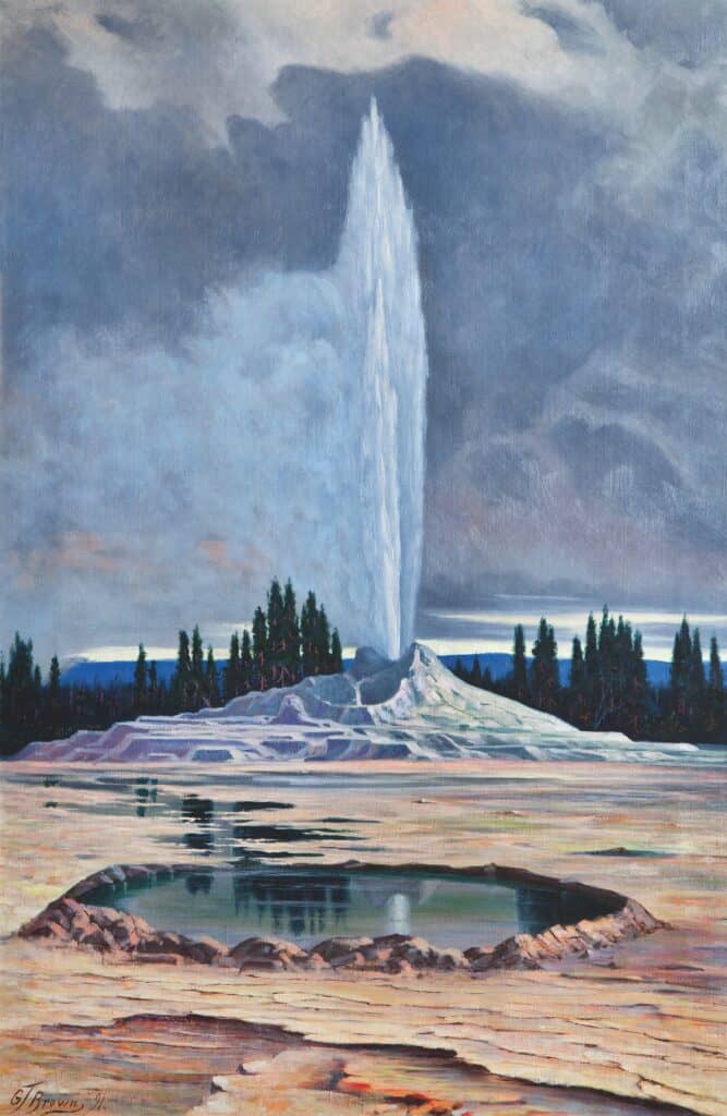 Painting of water shooting high from a rock formation. A line of trees and cloudy sky fill the background.