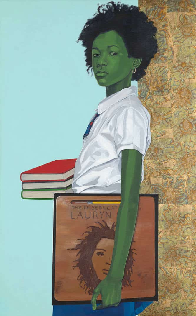 A uniformed tween girl looks directly out while holding a pile of books in her right hand and a Lauryn Hill album in her left.