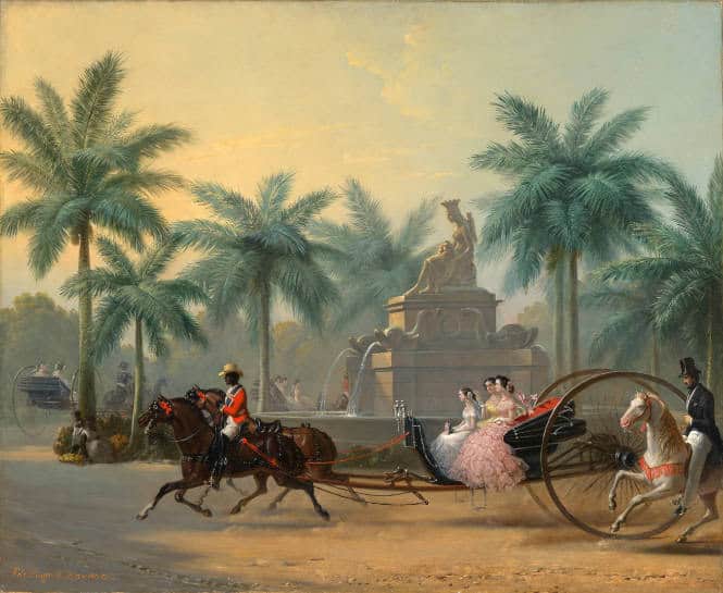 Painting of a procession of two-wheeled, horse-drawn carriages around a sculptural fountain and greenery.