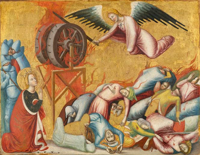 Poplar panel with a gold background featuring St. Catherine kneeling in prayer as an angel breaks the wheel that kills onlookers.
