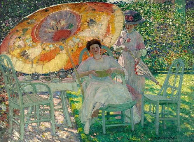 Painting of a seated woman at a table under a large umbrella and a woman standing beside her in an outdoor setting.